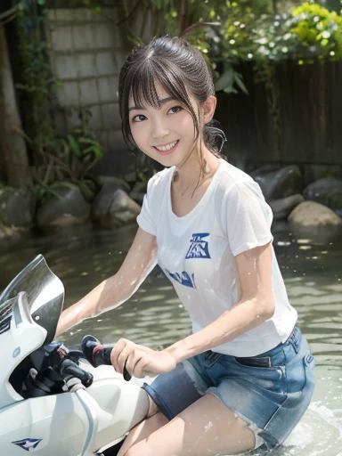 Japanese female, (underweight), (flat chest best quality:1.5), 30 years old, (cheerful grin:1.3),
architectural photograph, (motorcycle), water texture, (washing a motorcycle:1.3), bun hair, (white t-shirt), (shorts), (My white T-shirt is wet and my skin is transparent:1.3), Japanese, full body shot, ground-level shot
