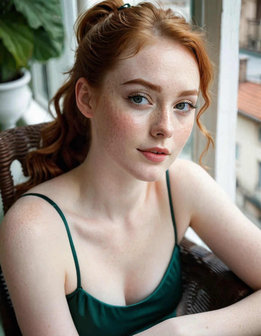 photography half body portrait of very beautiful realistic girl, laying on a chair in a room with a balcony, porcelain skin, very fair skin, very pale skin, redhead, wavy, ponytail, few freckles, hazel eyes, slanted eyes, small nose, small nostril, think curved eyebrow, thick bottom lip, seductive gaze, happy face, unique face, detail photo, realistic photo, master piece picture, sharp picture, outdoor clear daylight
