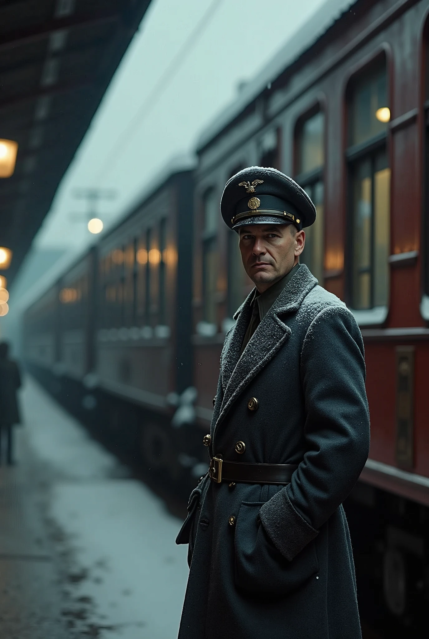 masterpiece, best quality,Soviet man,Train driver,Steam locomotive,World War II,TRAIN STATION,About to travel,dimly lit scene,Dim Lights,Snow