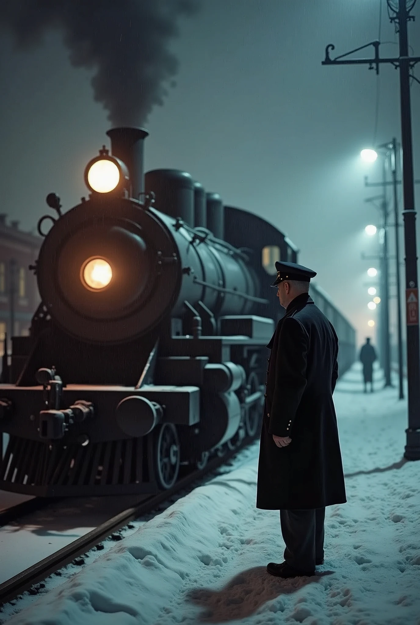 masterpiece, best quality,Soviet man,Train driver,Steam locomotive,World War II,TRAIN STATION,About to travel,dimly lit scene,Dim Lights,Snow