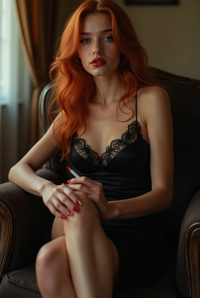 a seductively dressed woman with red hair, fishnet stockings, provocative outfit, light background, highly detailed, intricate, cinematic lighting, photorealistic, 8k, hyper realistic, dramatic, captivating expression, alluring pose, elegant, beautiful, sensual