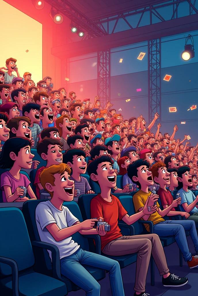 Create an audience in front of me in plastic seats taking photos, and screaming euphorically, all in cartoon