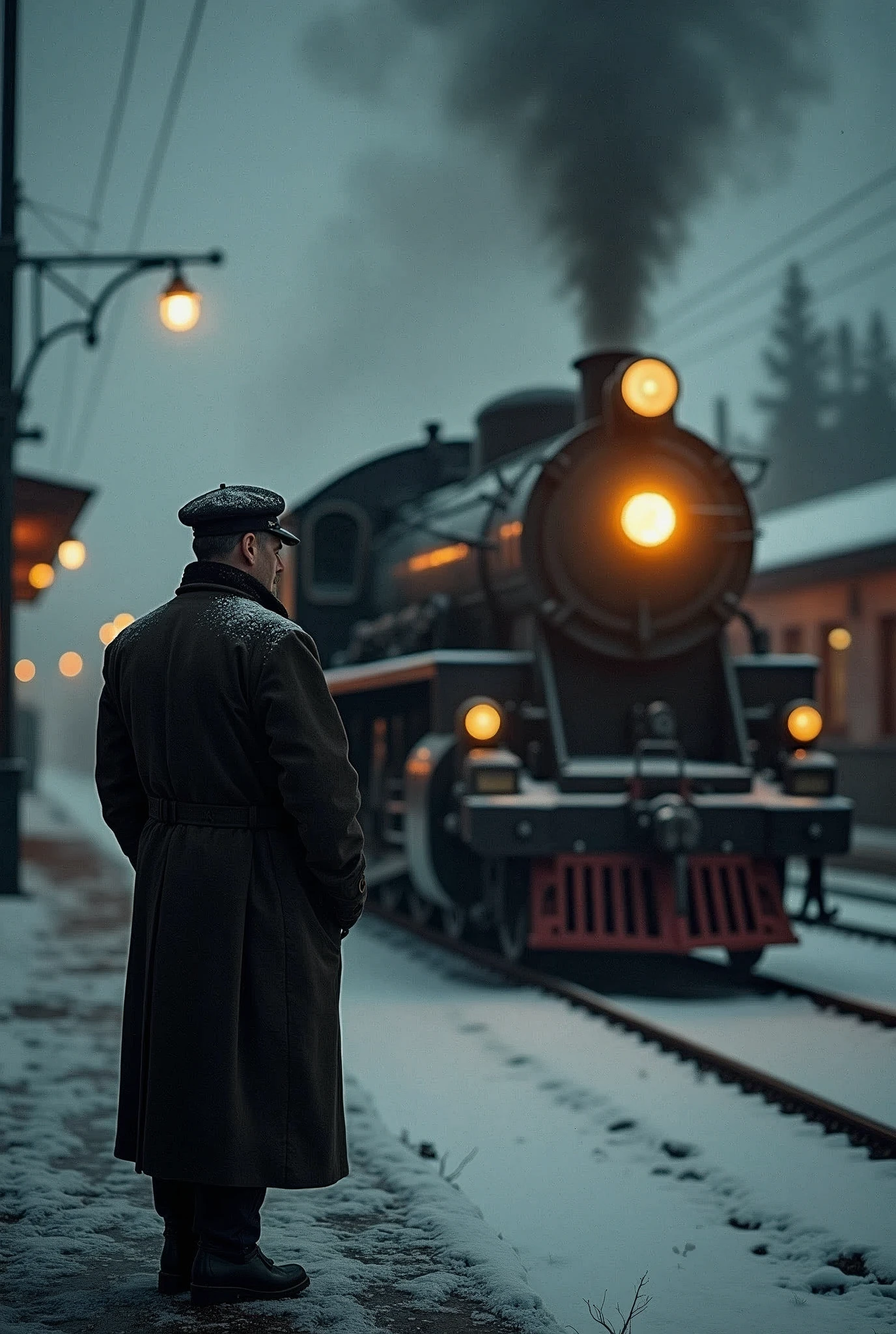 masterpiece, best quality,Soviet man，Train driver，Steam locomotive，World War II，TRAIN STATION，About to travel，dimly lit scene，Dim Lights，Snow