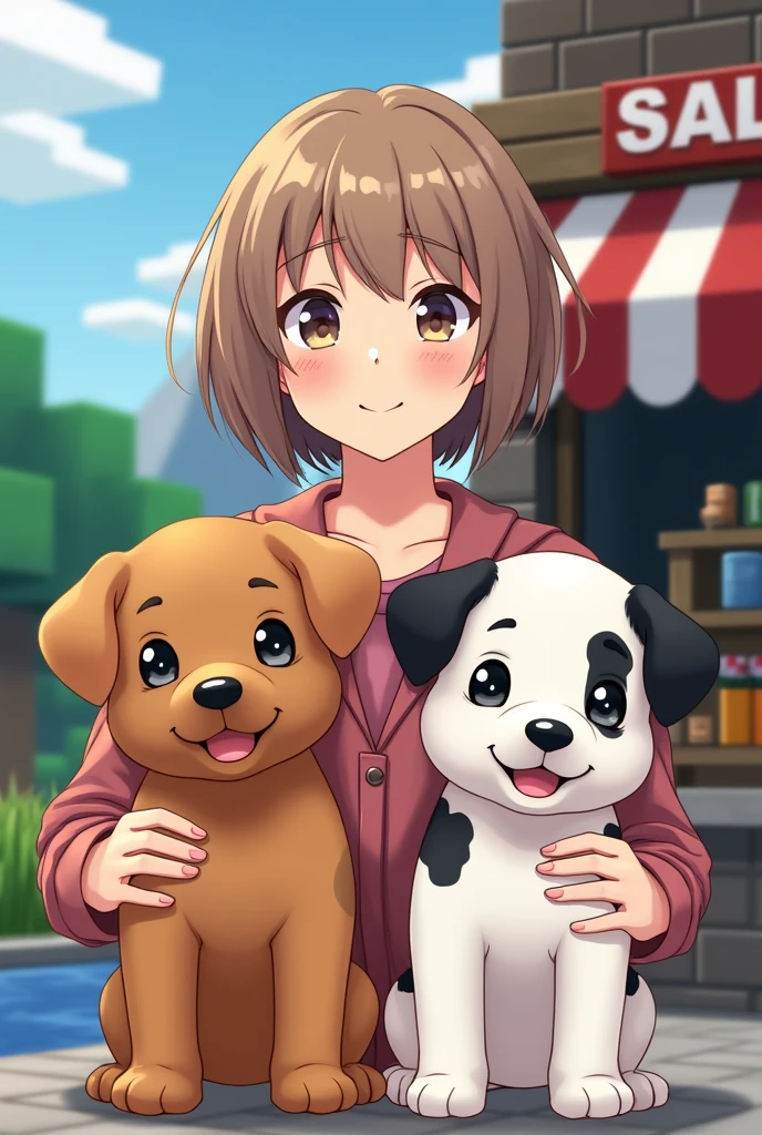 I want a souvenir photo, Of my two puppies, one was a year and a half old and brown, and the other was 2 months old and white with black spots., together with me, 21 year old woman, light brunette, small hair, that looks like behind a Minecraft sale, Let us see a landscape behind us, that it is style like anime