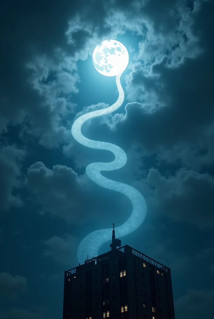 a snake-shaped shadow created by the light of a spotlight on the clouds that is on the roof of a building. that the shadow looks more like a snake. The snake sign in the sky created by the shadow of a spotlight in the sky. but epic. that the figure of the snake looks like a silhouette generated by a spotlight at night. snake-shaped silhouette