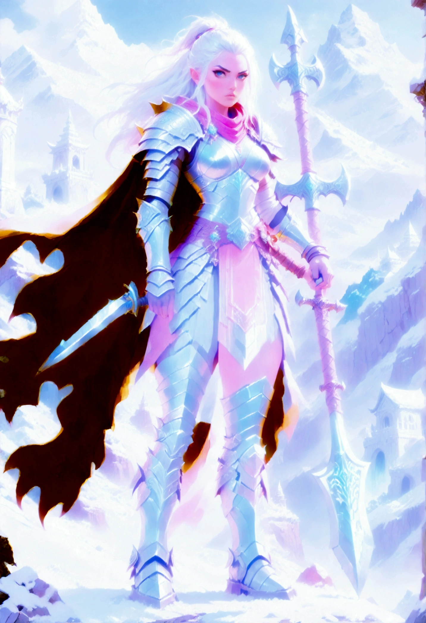 a fantasy art illustration of a female giant knight armed with a ((mighty battleaxe: 1.5)) standing at the temple gates built on snowy mountain, (((she is as tall as the mountain: 1.3))) a wild beautiful, exotic beautiful giant knight, ((anatomically correct: 1.5), (ultra detailed face: 1.2), best detailed face, dynamic hair color, dynamic hair style, armed with a giant axe, shiny axe, its blade reflects the sunlight, studded with gems, wearing metal armor, dynamic armor color, wearing high heeled boots, standing near a fantasy temple, magnificent temple, with a tower, on snowy mountain (((she is as tall as the mountain:1.3))), vibrant, Hyperrealism style, vibrant, Ultra-high resolution, High Contrast, (masterpiece:1.5), highest quality, Best aesthetics), best details, best quality, highres, ultra wide angle, 16k, [ultra detailed], masterpiece, best quality, (extremely detailed) RAW, rpg portrait battleaxe