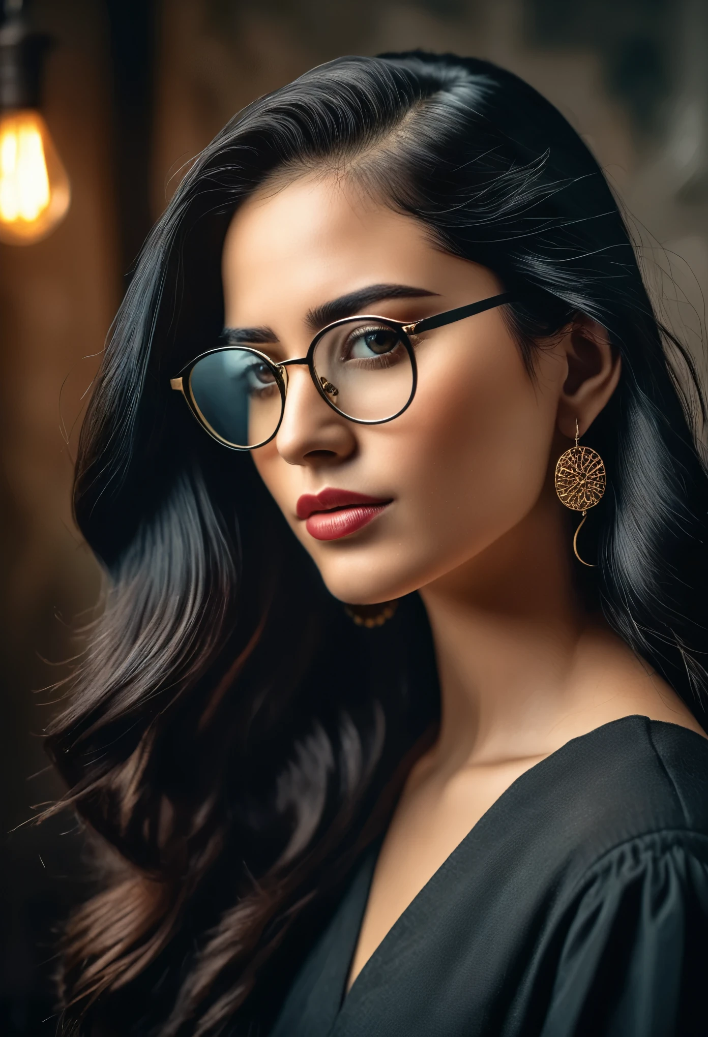 a beautiful young woman with long black hair, wearing glasses and vintage stud earrings, a feminine and dark style portrait, 8K resolution, masterpiece, best quality, extremely detailed, high saturation, best shadows, best lighting, highly refined toning