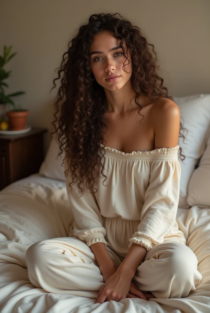 (photorealism:1.2), beautiful woman, sitting on bed, wearing loose off-shoulder top, pajama pants, long curly hair, indoors, soft lighting,