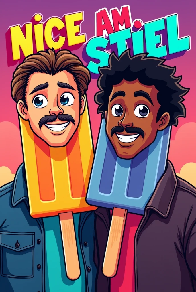 I need a significant logo for a YouTube channel which contains topics like movies, action figures, cosplays, video games and pop culture. the name of channel is NICE AM STIEL which is a german pun for a popsicle which means EIS AM STIEL in german. please visualize a proper logo with the likeness of a popsicle and everything I mentioned in the description. Be sure that the logo looks like two 80's characters like the main protagonists from MIAMI VICE - made them out of popsicle, one Male has a mustache, a Mullet and a light skin tone and the other Male has slightly longer black hair and a brown skin tone but most importantly the Logo as to feature the name NICE AM STIEL put the Names "Randy Paradise & Corey Walkman" above that characters be sure that the characters ar two males and DO NOT miss out the popsicle theme