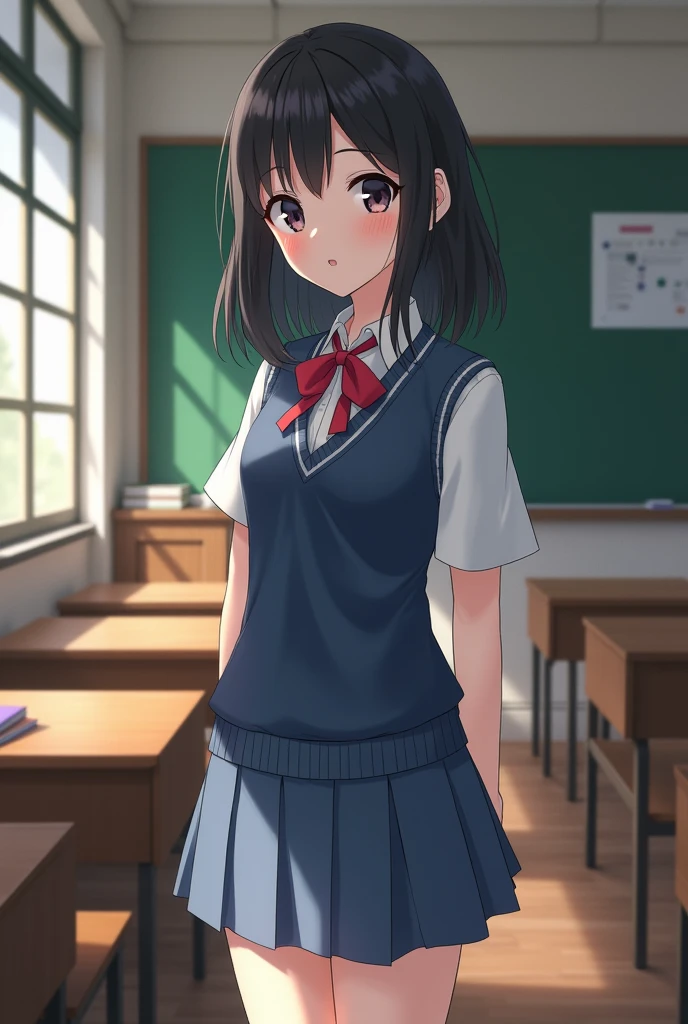 A girl with shoulder-length black hair, black eyes, . She wore a white shirt, a blue vest, and a blue short skirt; in classroom