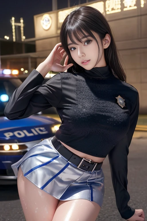 An innocent 20-year-old girl、((Police Girl, Sexy police uniform, mini skirt, Cute and elegant, Dramatic Pose)),nightの街の背景,Shortcuts、RAW Photos, ((8k、Highest quality、masterpiece:1.2))、(Intricate details:1.4)、(Realistic:1.4)、((Sweaty 1.4)), Studio Soft Light, Rim Light, Sharp details, Super Detail, ((Shiny skin 1.5))， detailed aspects, Beautiful details in the eyes, Highly detailed CG Unity 16k wallpaper, Thigh 1.1, (Detailed Background:1.2), Glowing Skin, whole body,Hands down、Spread your legs and show your panties, Black Hair, Sexy police officer in uniform, night, Facial details, from the front, Ready your gun?, refer