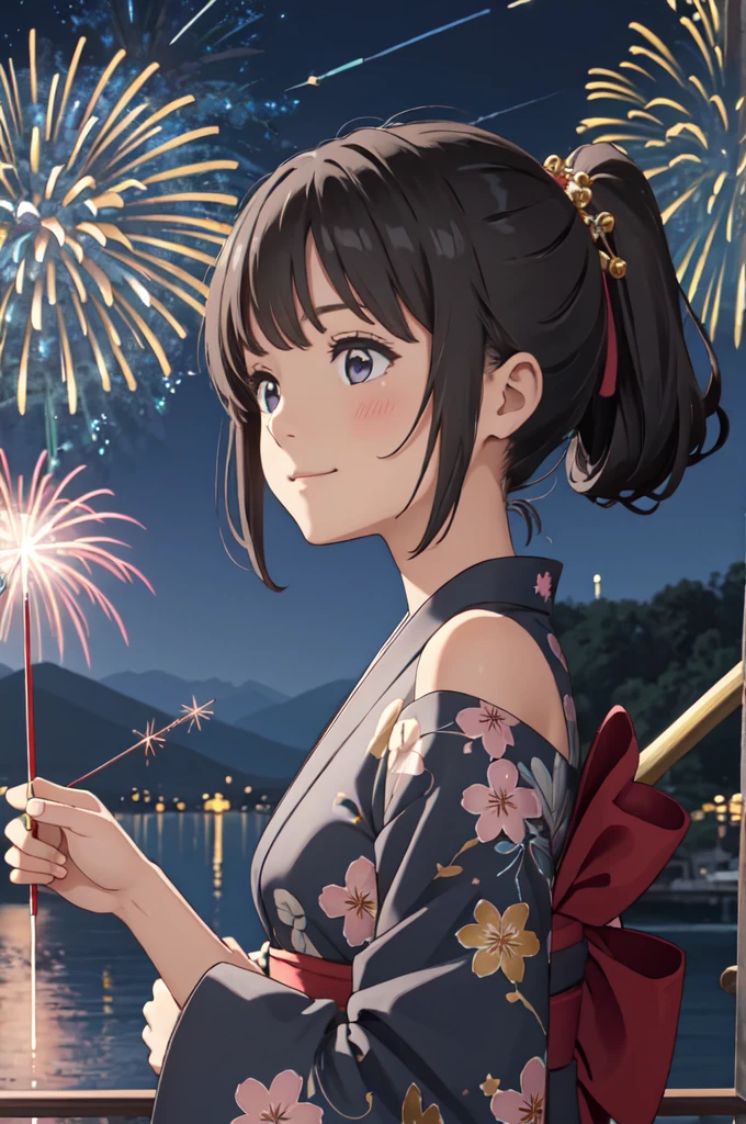 masterpiece, best quality, ultra detailed, highres, extremely detailed CG unity 8k wallpaper, perfect lighting,  very detailed background, beautiful and aesthetic,sharp focus, perfect face, dynamic pose, dynamic angle,
1girl, upper body, (portrait:1.1), multicolored yukata, kanzashi, looking at viewer,  full-face blush, from side, from below, smile,
night, dark sky, misty lake, mountainous horizon, break,aerial fireworks,  (Full of sky fireworks:1.2),
Shoulder Bare、Off the shoulder