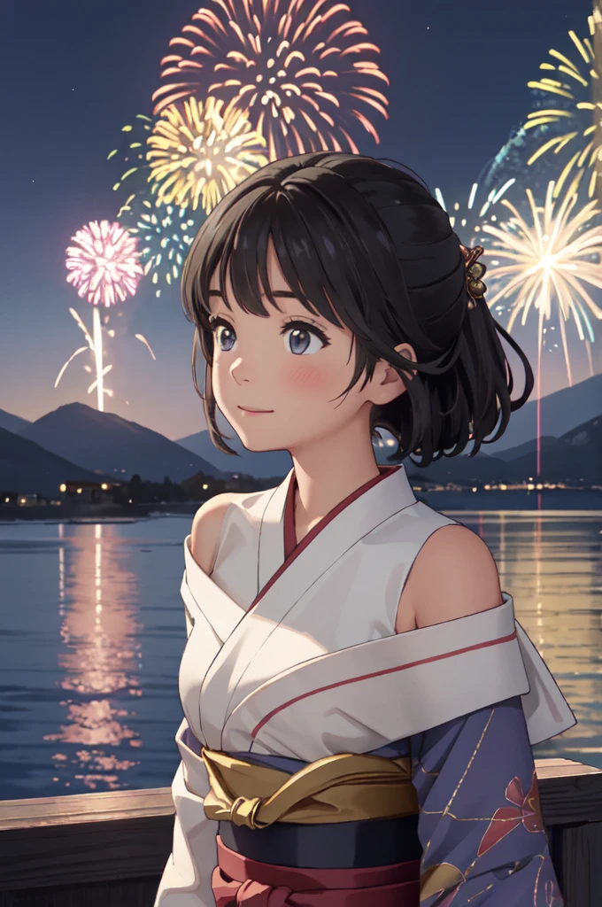 masterpiece, best quality, ultra detailed, highres, extremely detailed CG unity 8k wallpaper, perfect lighting,  very detailed background, beautiful and aesthetic,sharp focus, perfect face, dynamic pose, dynamic angle,
1girl, upper body, (portrait:1.1), multicolored yukata, kanzashi, looking at viewer,  full-face blush, from side, from below, smile,
night, dark sky, misty lake, mountainous horizon, break,aerial fireworks,  (Full of sky fireworks:1.2),
Shoulder Bare、Off the shoulder