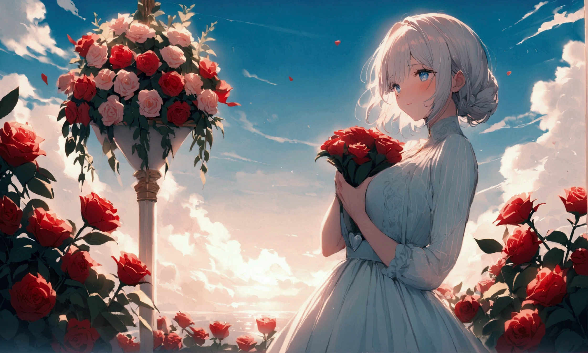 In a romantic atmosphere，Couple cuddling，Stroll through the Sea of Roses，Under the blue sky and white clouds，Feel the romantic theme of Valentine&#39;s Day&#39;s Day。