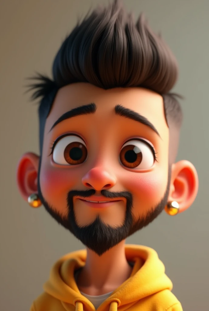 Pixar-style animation of a light-skinned boy with a beard and a tapered haircut, an earring in his ear and a round earring in his nose