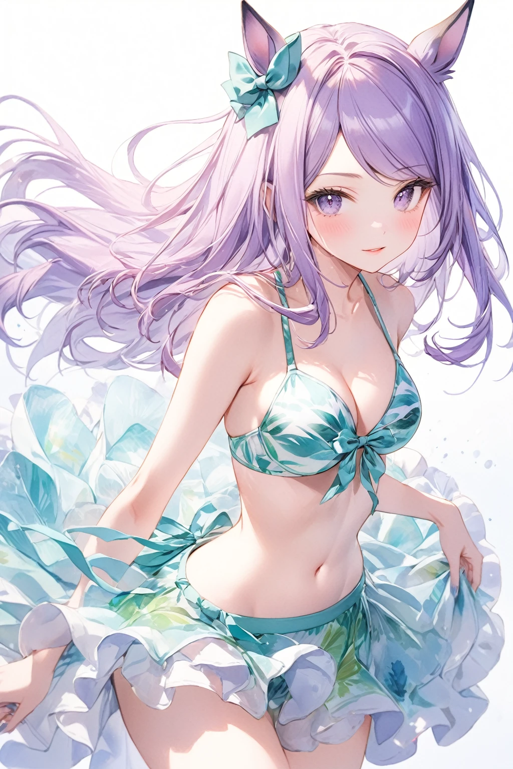 (8K, Highest quality, masterpiece:1.2),(Highest quality:1.0), (Ultra-high resolution:1.0), watercolor, 1girl,solo,(mejiro mcqueen \(umamusume\)),bikini,Very bright and luminous design, pastel colour, (ink:1.3),