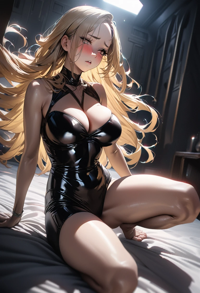 beautiful sexy, young, skinny, (alien), woman, unnatural large breasts, blonde long hair, kneeling on a bed wearing a tight latex outfit with cutouts over her breasts, blushing with a shy expression, legs spread, 8k, ultra-detailed, photorealistic, masterpiece, dramatic lighting, high contrast, vivid colors, hyper realistic, erotic, alluring