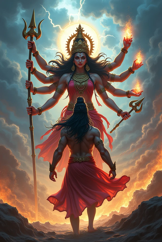 Devi durga with trishul killing mahadev having a six pack abs