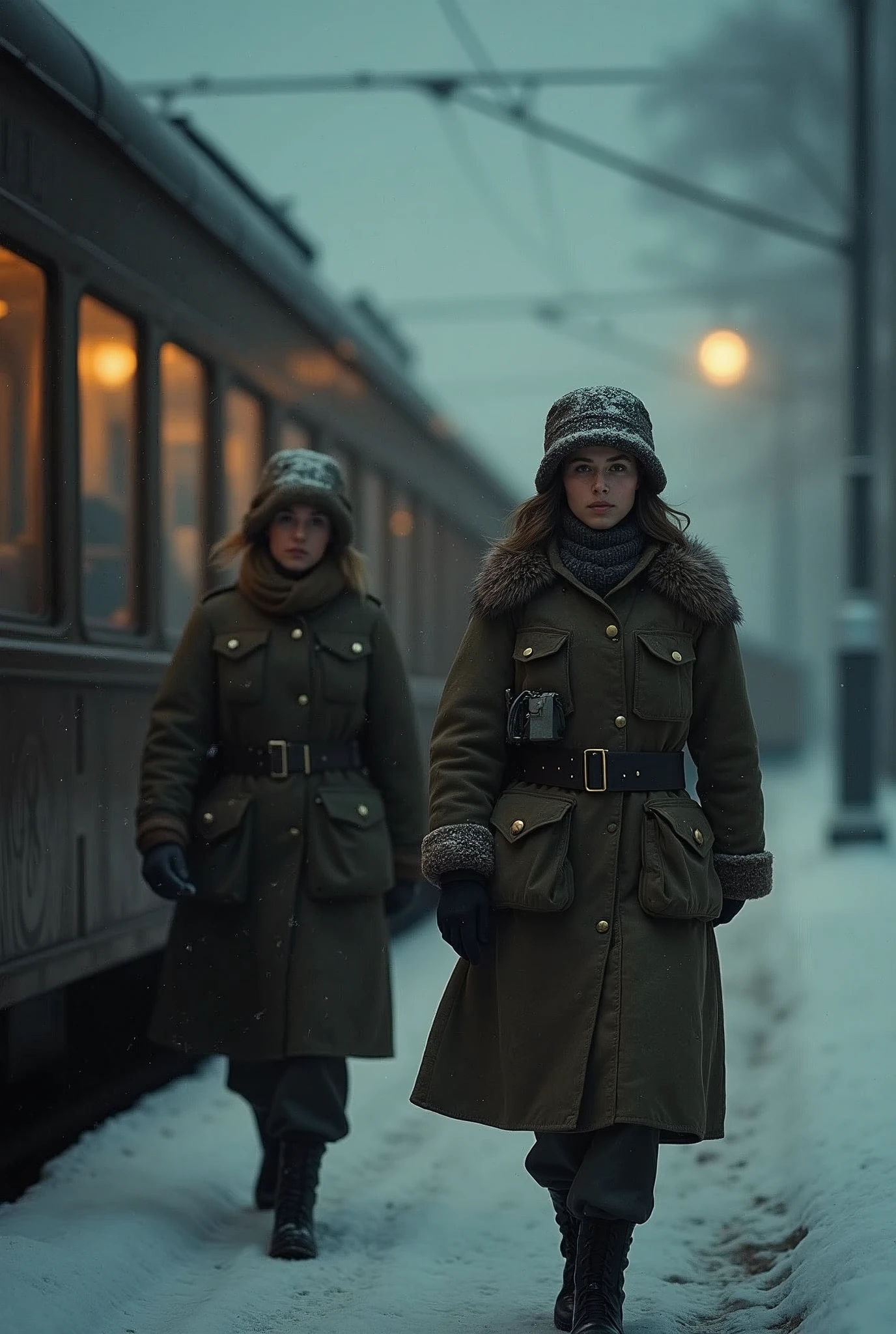 masterpiece, best quality,Soviet female soldiers,World War II,TRAIN STATION,About to travel,dimly lit scene,Dim Lights,Snow