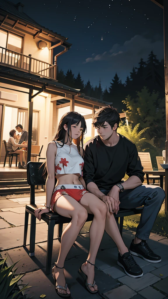 A young couple is sitting on a chair on top of a mountain and having a party. The woman is wearing printed underwear. Her hips are big. It is night. There are some trees nearby.