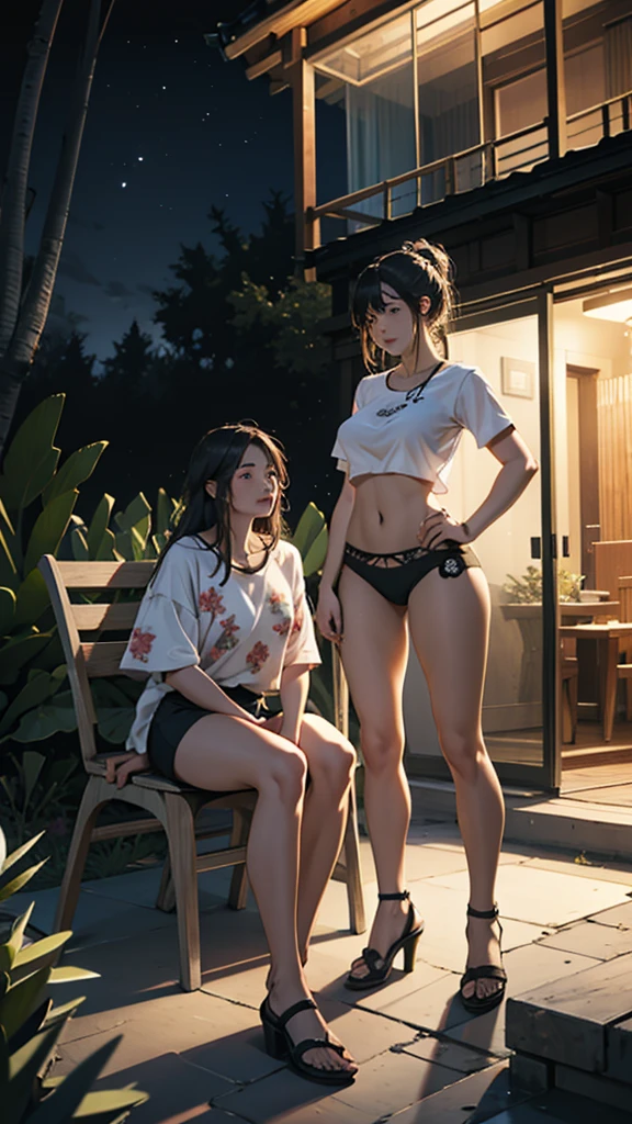 A young couple is sitting on chairs outside the house and having a party. The woman is wearing printed underwear. Her hips are big. It is night. There are some trees nearby.