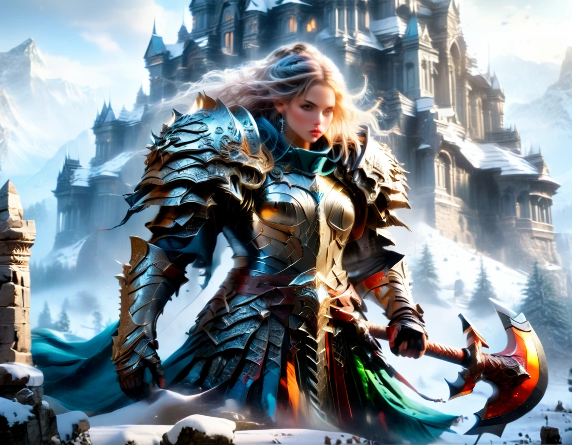 a fantasy art illustration of a female giant knight armed with a ((mighty battleaxe: 1.5)) standing at the temple gates built on snowy mountain, (((she is as tall as the mountain: 1.3))) a wild beautiful, exotic beautiful giant knight, ((anatomically correct: 1.5), (ultra detailed face: 1.2), best detailed face, dynamic hair color, dynamic hair style, armed with a giant axe, shiny axe, its blade reflects the sunlight, studded with gems, wearing metal armor, dynamic armor color, wearing high heeled boots, standing near a fantasy temple, magnificent temple, with a tower, on snowy mountain (((she is as tall as the mountain:1.3))), vibrant, Hyperrealism style, vibrant, Ultra-high resolution, High Contrast, (masterpiece:1.5), highest quality, Best aesthetics), best details, best quality, highres, ultra wide angle, 16k, [ultra detailed], masterpiece, best quality, (extremely detailed) RAW, rpg portrait battleaxe