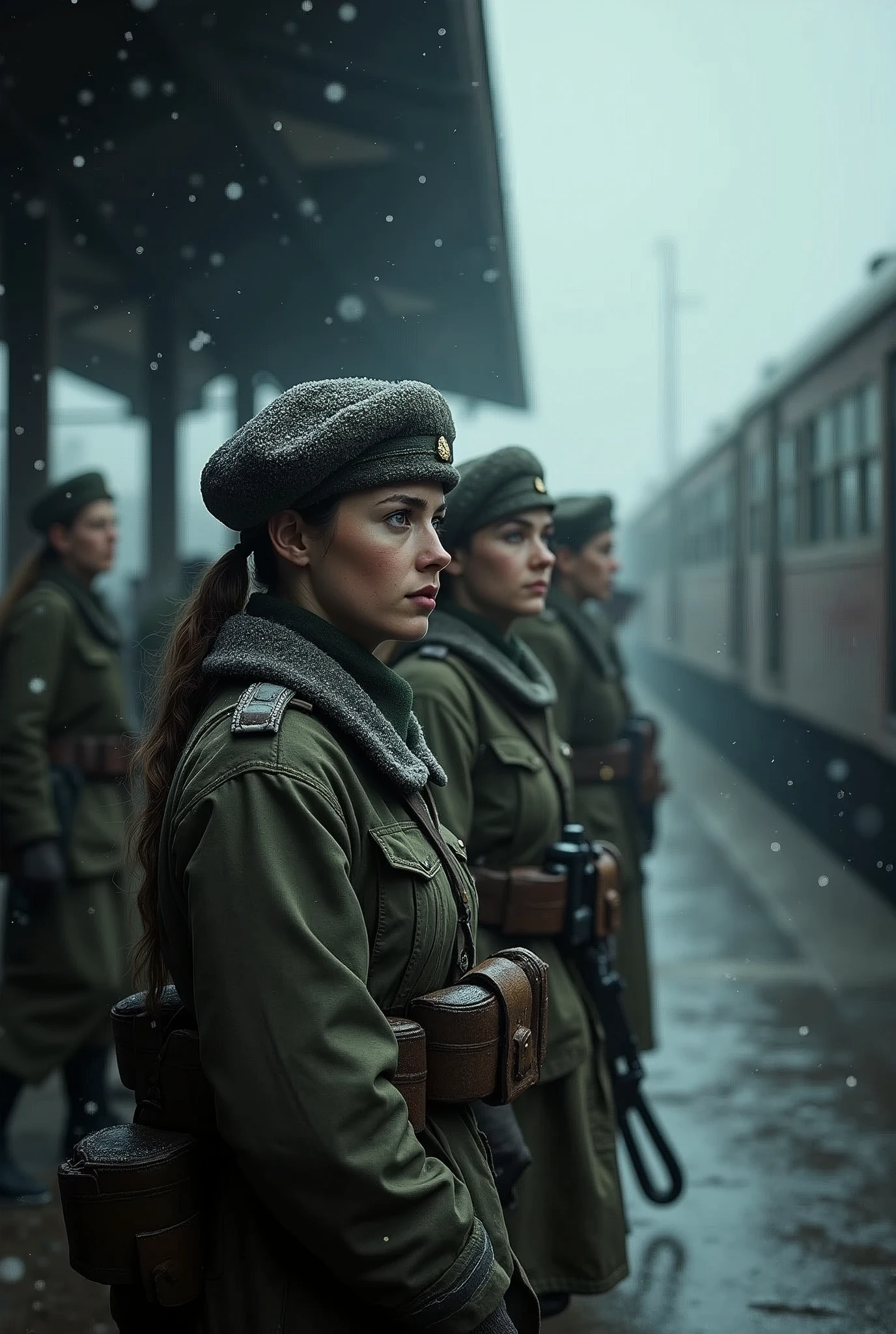 masterpiece, best quality,Soviet female soldiers,World War II,TRAIN STATION,About to travel,dimly lit scene,Dim Lights,Snow