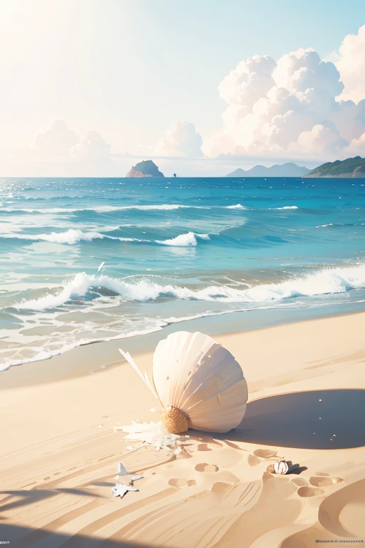 Beautiful sandy beach,There are coconut trees on the beach,The seawater is crystal clear,There are many beautiful shells on the beach,the sun rises over the sea、Tabletop, Highest quality, shape, Very detailed, finely, High resolution, 8k wallpaper, 完璧なダイナミックな構shape