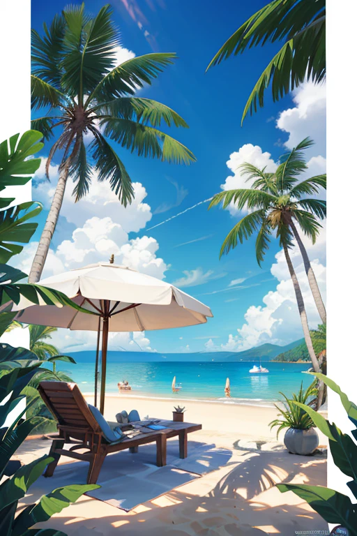 Beautiful sandy beach,There are coconut trees on the beach,The seawater is crystal clear,There are many beautiful shells on the beach,the sun rises over the sea、Tabletop, Highest quality, shape, Very detailed, finely, High resolution, 8k wallpaper, 完璧なダイナミックな構shape