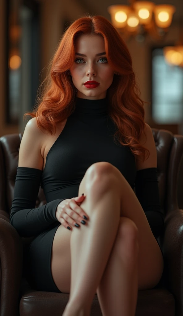 ultra realistic, photography, long red hair, girl, 24 years old, hourglass figure, perfect body, natural medium breasts, Flirty look, extremely detailed artgerm, in the style artgerm, facing the camera, lens 35 mm, blur background, masterpiece, super detailed, detailed face, beautiful eyes, detailed eyeshadow, lip details, red lipstick, full body, wavy hair, Wearing a black sheath dress, turtleneck, revealing legs, sexy legs, great cleavage, she is wearing black elegant high heels, she is a femme fatale, sitting on a chair, her legs crossed, she is holding one (1) cigarette in her hand, full body shot, wide angle, zoomed out, 