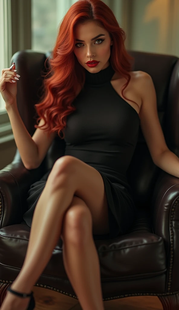 ultra realistic, photography, long red hair, girl, 24 years old, hourglass figure, perfect body, natural medium breasts, Flirty look, extremely detailed artgerm, in the style artgerm, facing the camera, lens 35 mm, blur background, masterpiece, super detailed, detailed face, beautiful eyes, detailed eyeshadow, lip details, red lipstick, full body, wavy hair, Wearing a black sheath dress, turtleneck, revealing legs, sexy legs, great cleavage, she is wearing black elegant high heels, she is a femme fatale, sitting on a chair, her legs crossed, she is holding one (1) cigarette in her hand, full body shot, wide angle, zoomed out,