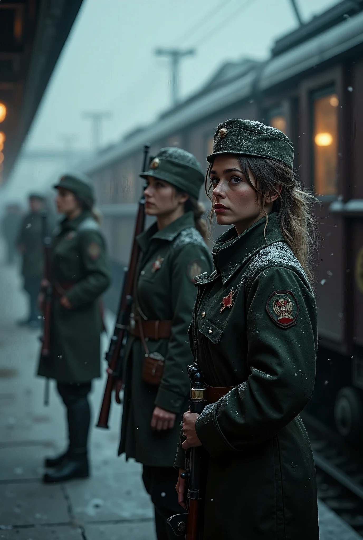 masterpiece, best quality,Soviet female soldiers,World War II,TRAIN STATION,About to travel,dimly lit scene,Dim Lights,Snow