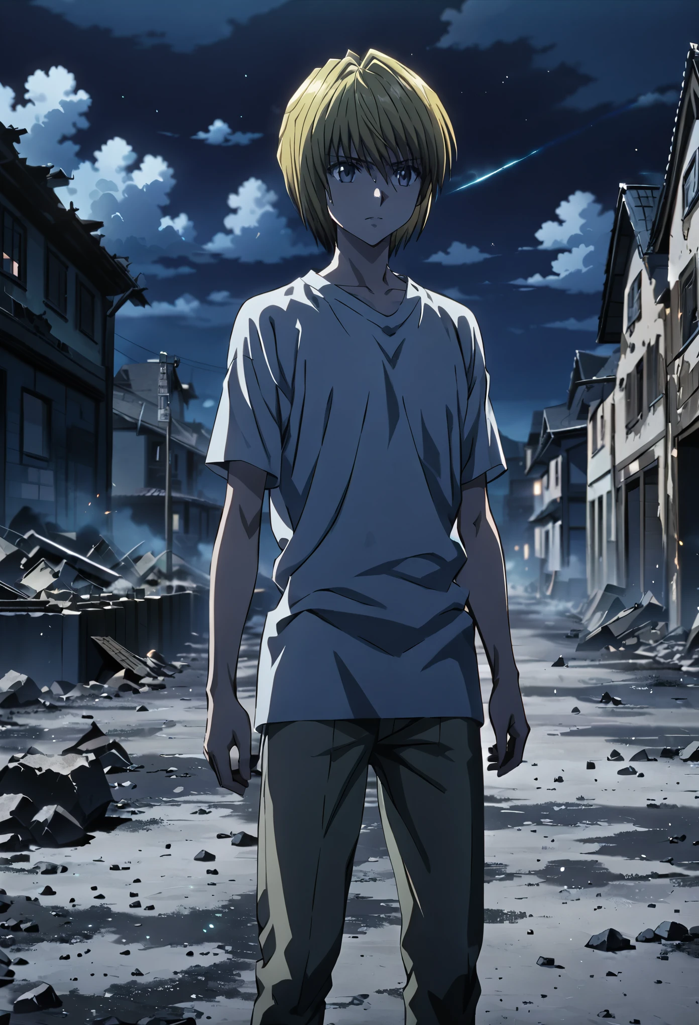 kurapika_hxh, blonde hair, grey eyes, short hair, bangs, hair between eyes, masterpiece, best quality, high quality, 1male, solo, male_focus, feeling sad and scare, fully naked, frontal, town destroyed, fire, burning ashes, destruction, night, debris in the air, burrning ashes in the air, wet body, full body, male genitals, small-size soft penis, handsome, detailed face, eyes and hands without errors, anime style, best quality, high detail, unity 8k wallpaper, high resolution, standing, vivid colors, detailed high quality background, pene pequeño, detalle nítido, extremadamente detallado, Intrincado, Alta resolución, noche, desnudo, , skinny fit