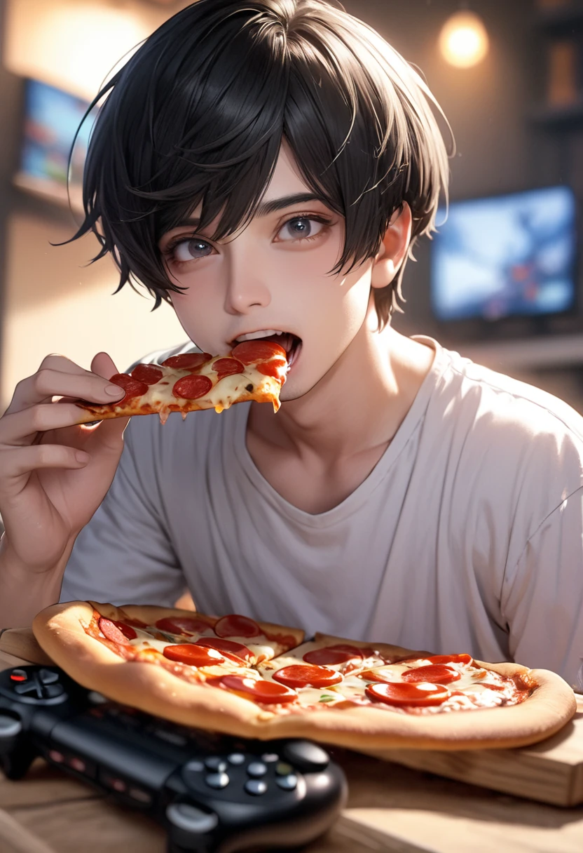 1 person male Black short hair Dark Eyes Summer clothes Eating pepperoni pizza while playing video games Blurred Background