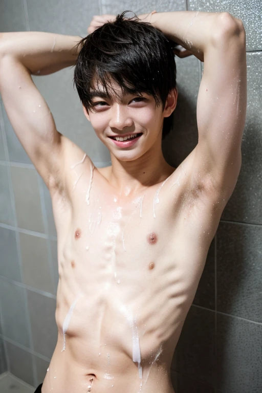 high resolution, realistic, A hyper-realistic, boy, Edgy Ulzzang boy, gorgeous boy face, smiling, showing dominance, skinny body, shirtless, male, fair skin, sweating wet, armpit,full body,naked.