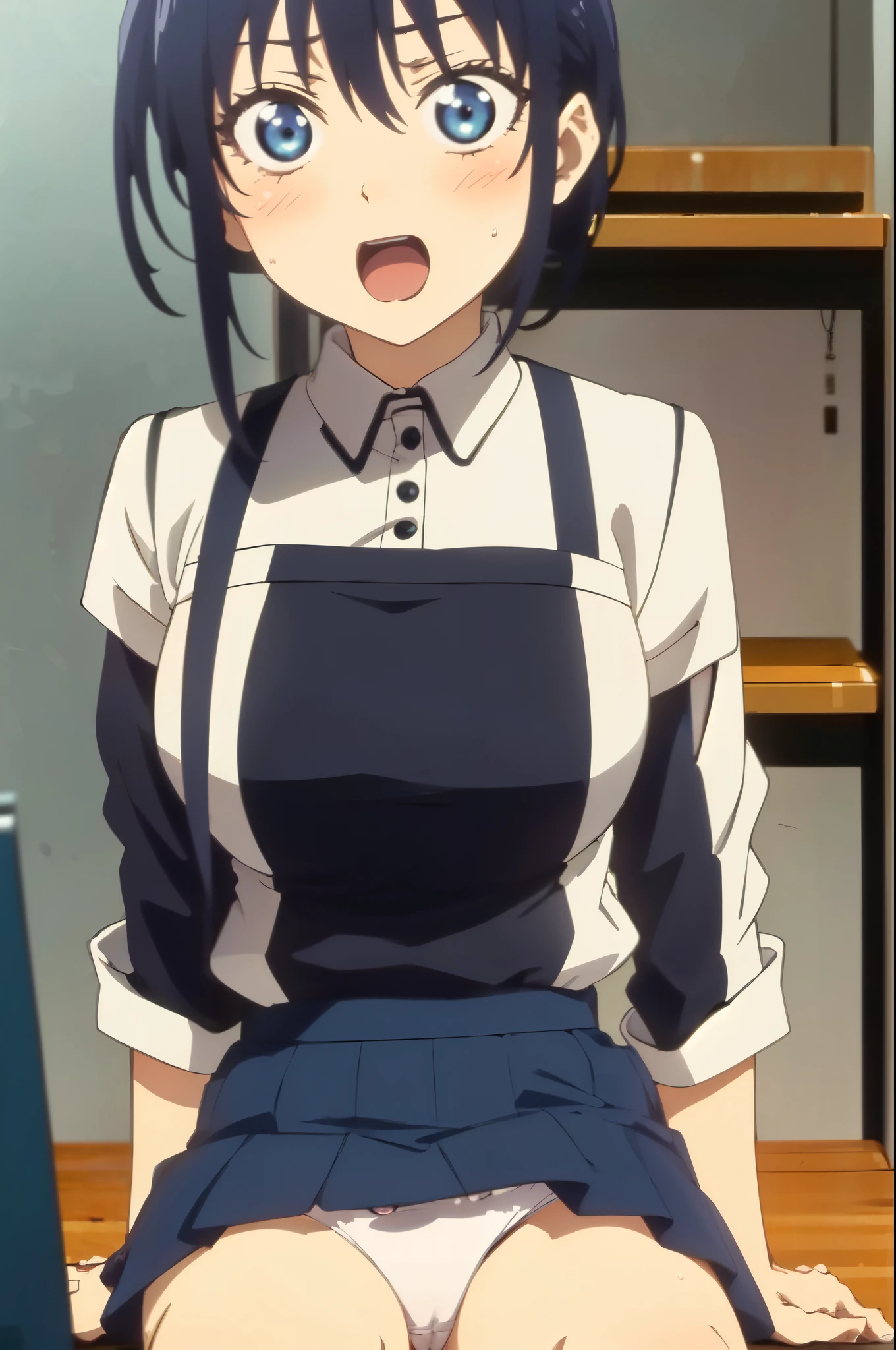 ((((masterpiece、Highest quality、High resolution)、anime)))、Navy Blue Hair、Big breasted beautiful、(Dynamic pose)、looking at the camera、(Beautiful detailed face、Beautiful big eyes)、((One beautiful person))、Good sensitivity、((Sexy pose))、((Embarrassed face))、Red cheeks、Open Mouth、Wearing a school uniform、Sitting at a desk in a classroom at school、Wear a blue skirt、White panties are visible、Spread your legs