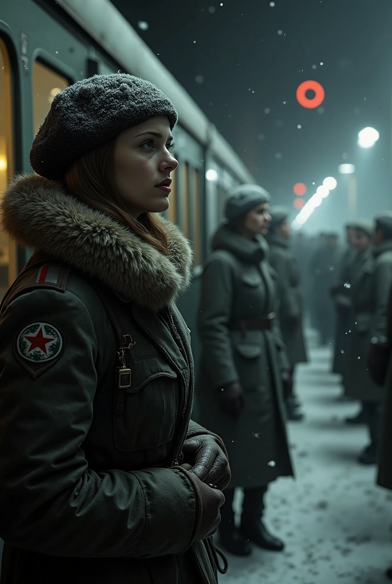 masterpiece, best quality,Soviet female soldiers，World War II，TRAIN STATION，About to travel，dimly lit scene，Dim Lights，Snow