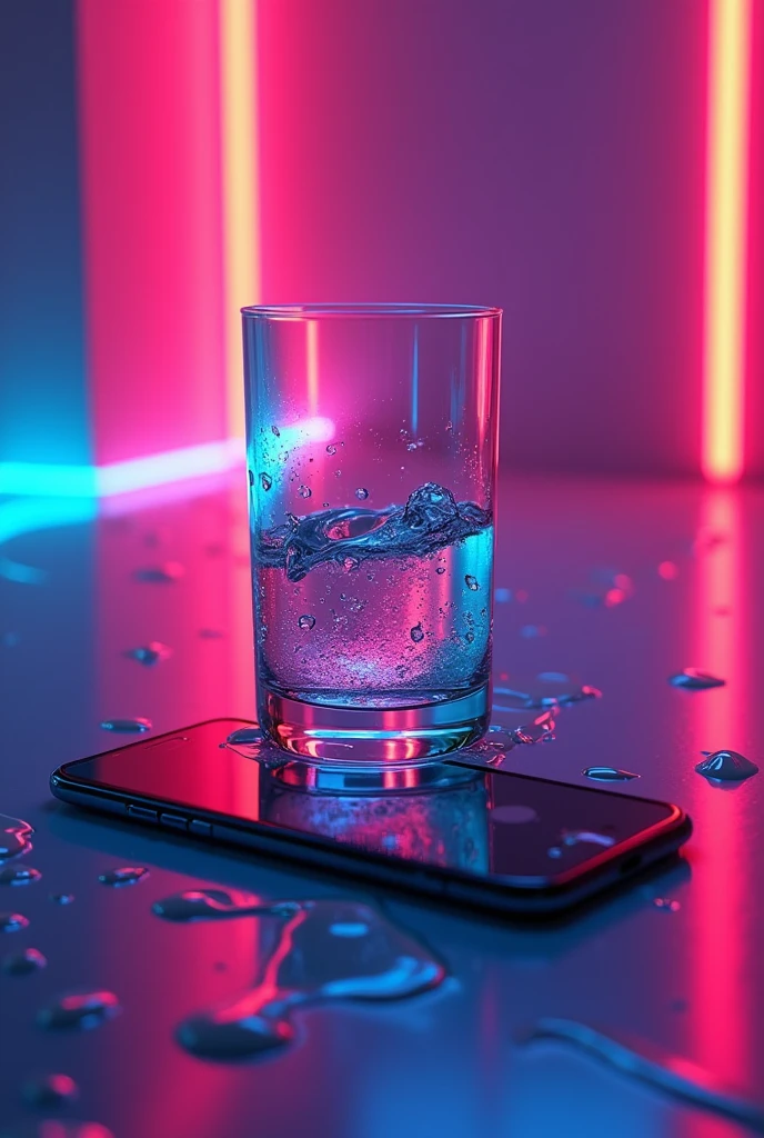 A glass and an iPhone in a neon-lit club with drops spilling out