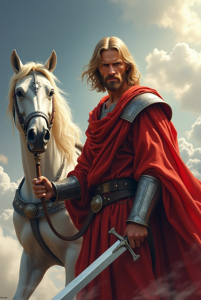 Lord Jesus Christ, blond hair, hairstyle with a middle parting, mushroom cut, short hair, dressed in red with a sharp sword in his hand, looking like a warrior, anger on his face, adult appearance of about 33 years old, standing on the clouds, Whole body, simple sword, with a white horse in war armor at his side, the sword in his hand, fire Eyes, the horse with war armor, the one they put on little horses when they go to war, angry horse, more clouds, horse near him, sharp sword in his hand, silver sword armor for the horse, the sword taken by the handle, with force, the sword is sharper, very shiny blond beard the same hair,
