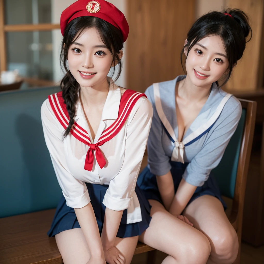 (A gorgeous Japanese idol, age 22 , in a cafe, wearing seifuku, school uniform, sailor moon, jk uniform, high-school uniform, red ribbon, sailor hat, knee high socks,
Easygoing expressions, kind smile, dimpled chins, cute snaggle-tooth, short bob hair ponytail, symmetrical face, realistic detailed face, beautiful detailed eyes, perfect body proportions, hourglass figure, ample round bosoms, huge breasts,
Raw photo, photorealistic, realistic portrait, hyper-realism, high contrast, ultra HD, realistic skin textures, top image quality, top-quality, super high resolution, fine details, very meticulously, masterpiece, medium shot, close-up shot, cowboy shot, High Angle Shot, bokeh background, SFW, Safe For Work)