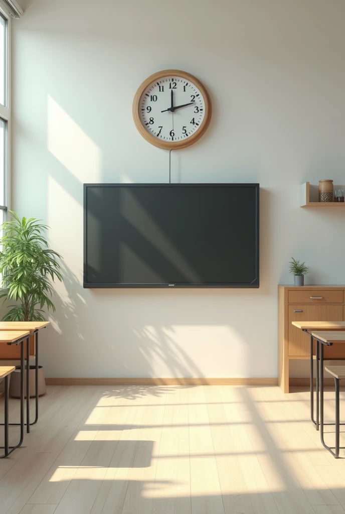 (photorealism:1.2), Classroom with television, clock and with minimal designs