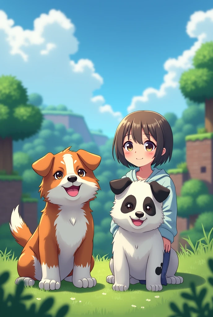 I want a souvenir photo, Of my two puppies, one was 1 and a half years old, brown with white, and the other was 2 months old, white with black spots., together with me, 21 year old woman, light brunette, small hair, that looks like behind a Minecraft sale, Let us see a landscape behind us, that it is style like anime