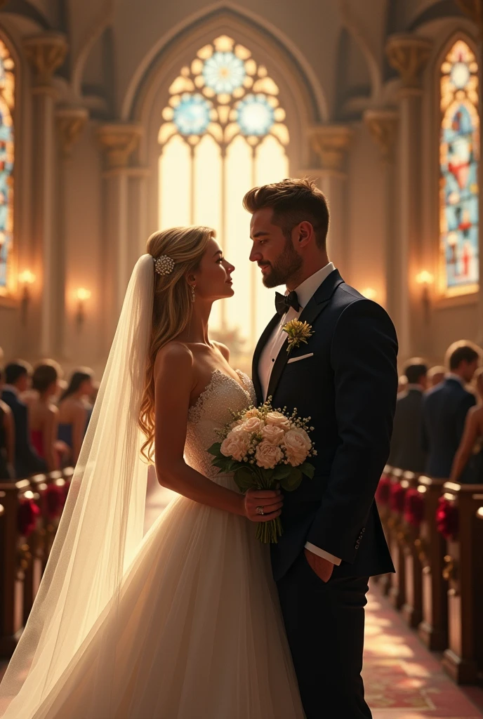 Blonde woman and strong man in tuxedo getting married