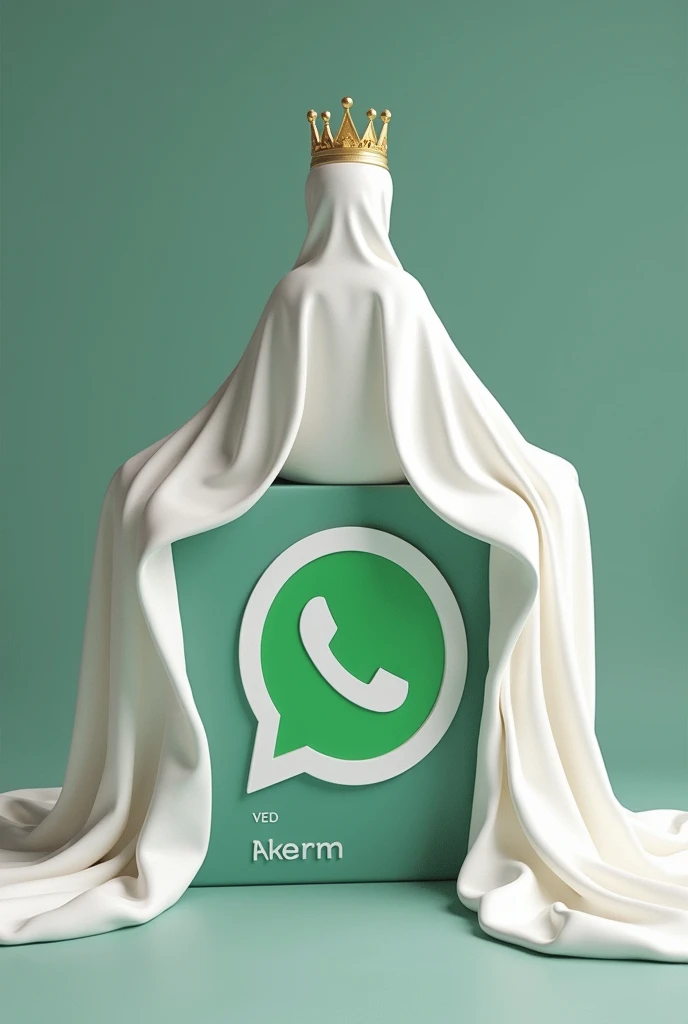Create a 3D illustration of a character,sitting on the side above the social network icon "Whatsapp". The character is a girl in a white hijab, no face from the back, hijab as wedding lush length to the ground, there is a crown on her head,her hijab is released on the whatsapp icon,background computer whatsapp profile home page with username "Aikerim" whatsapp icon in background