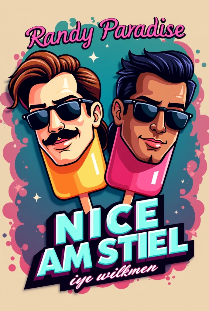 I need  a significant logo for a YouTube channel which contains topics like movies, action figures, cosplays, video games and pop culture. the name of channel is NICE AM STIEL which is a german pun for a popsicle which means EIS AM STIEL in german. please visualize a proper logo with the likeness of a popsicle and everything I mentioned in the description. Be sure that the logo looks like two 80's characters like the main protagonists from MIAMI VICE - made them out of popsicle, one Male has a mustache, a Mullet and a light skin tone and the other Male has slightly longer black hair and a brown skin tone but most importantly the Logo as to feature the name NICE AM STIEL put the Names  "Randy Paradise & Corey Walkman" above that characters be sure that the characters ar two males and DO NOT miss out the popsicle theme