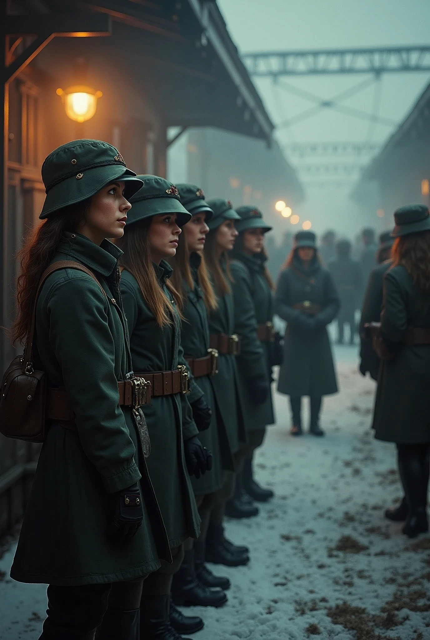 masterpiece, best quality,Soviet female soldiers，World War II，TRAIN STATION，About to travel，dimly lit scene，Dim Lights，Snow