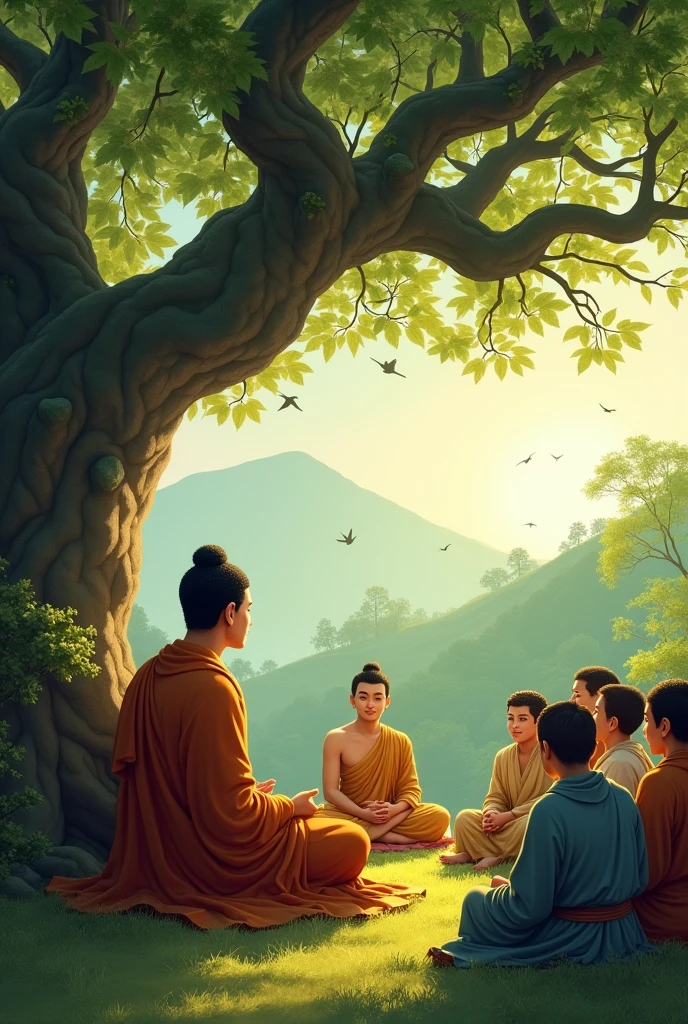Generate budha under a tree while giving teaching to his students