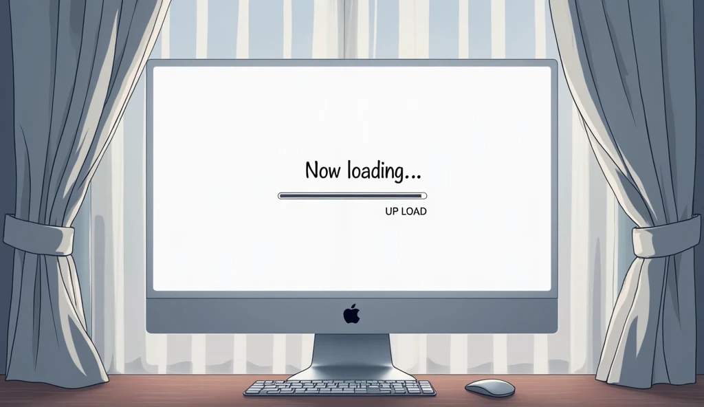 Wide Mac computer monitor,White curtains closed behind,「Now loading...」Character,27%Loading bar,Loading screen,At the bottom right corner, click「UP LOAD」button, mouse pointer,Anime Style, Shooting from the side