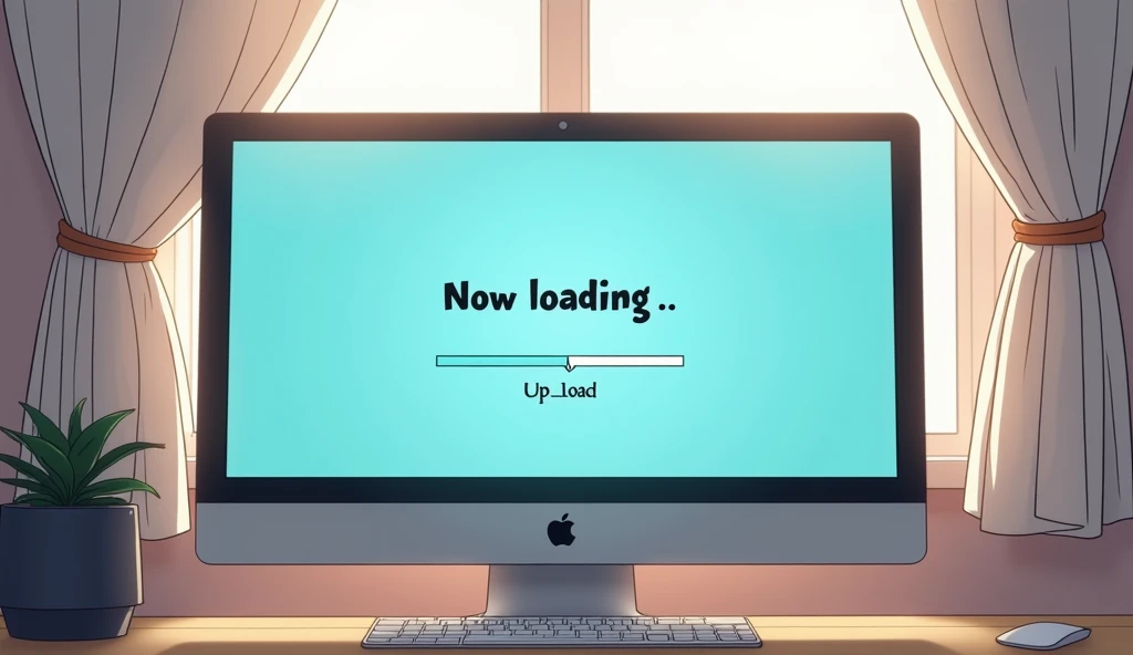 Wide Mac computer monitor,White curtains closed behind,「Now loading...」Character,27%Loading bar,Loading screen,At the bottom right corner, click「UP LOAD」button, mouse pointer,Anime Style, Shooting from the side