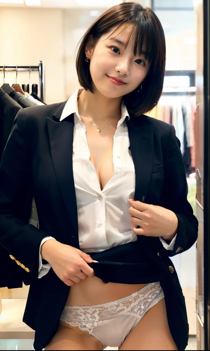 leaning forward:1,Suit Shop,(The skin is wet from sweat),bent over,Are standing,During service,Inside the store with suits lined up,looking at the camera,Cleavage,(Wearing a shirt),smile,Skirt Lift、Lift your skirt with your hands,woman, 20-year-old, Short Hair、bangs、(Plain suit skirt),(White lace panties)、Cute earrings